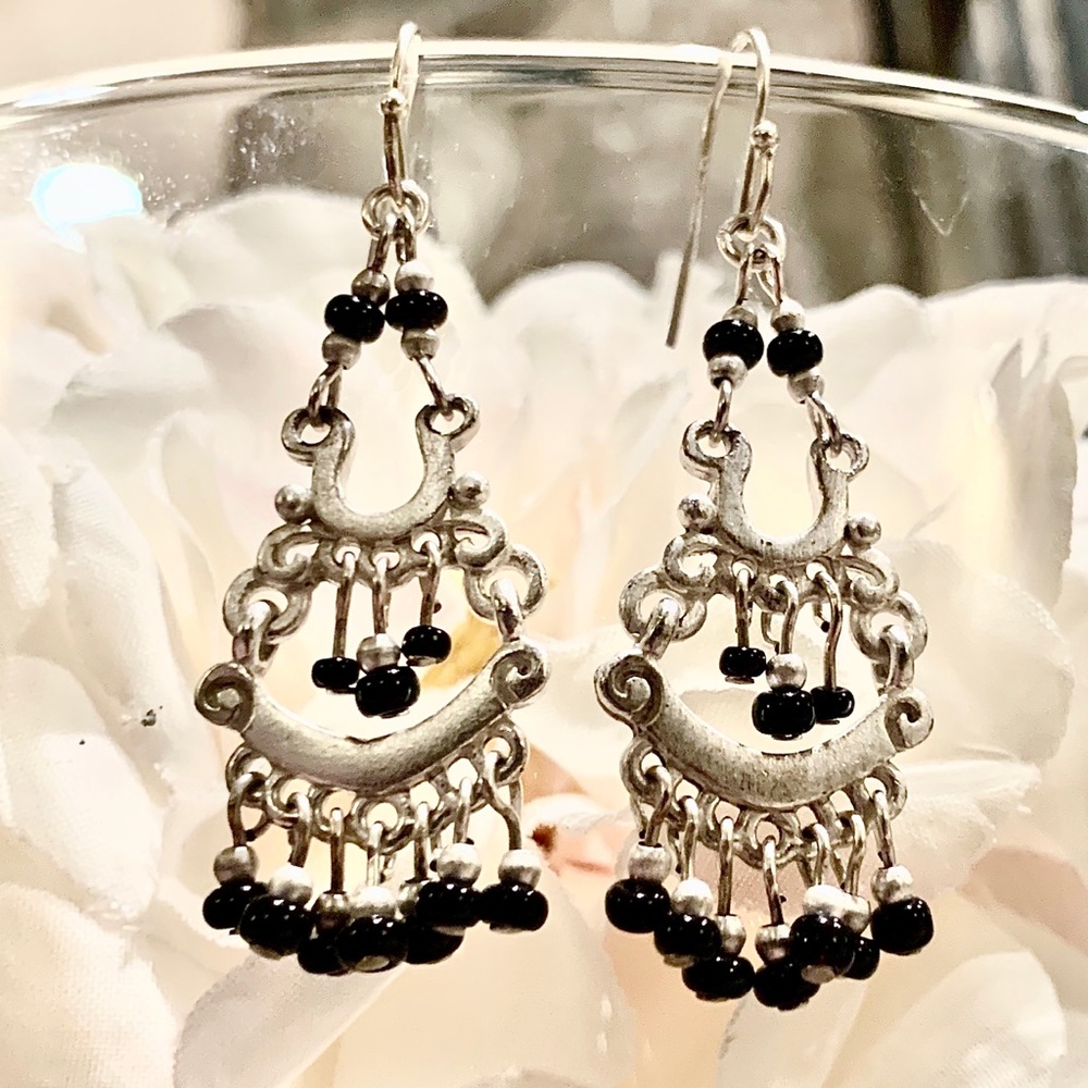 Silver and Black Beaded Dangling Earrings NWT